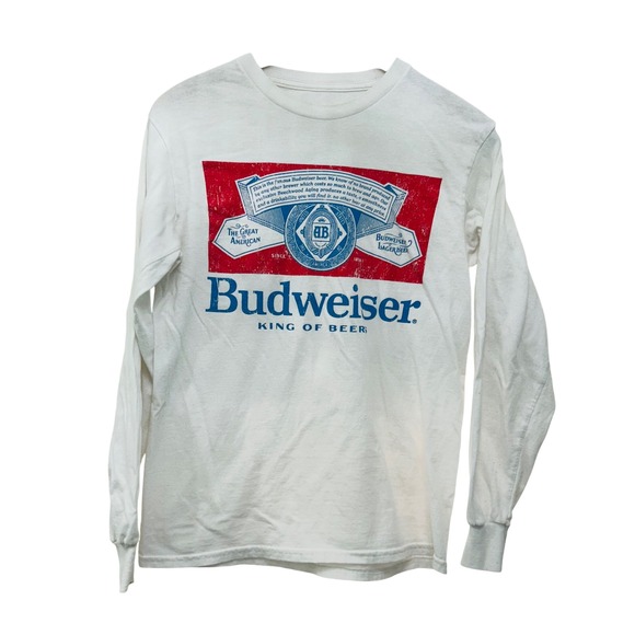Budweiser King of Beers Mens Small White Long Sleeve Cotton Tee Shirt - Picture 1 of 5